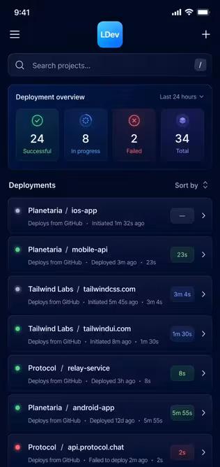 LDev project dashboard on mobile